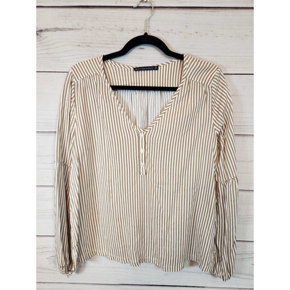 Abercrombie & Fitch Women's White Gold Striped Long Sleeve V-Neck Blouse Size M - Picture 1 of 6